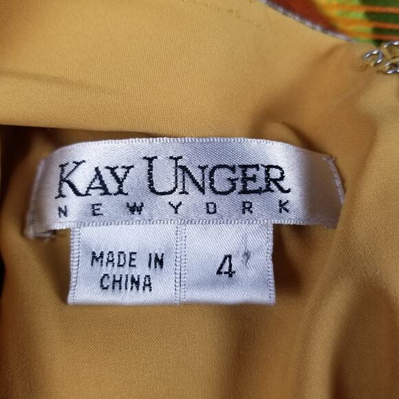 Kay Unger Yellow Green Red Pink Abstract Silk Ruched Waist Lined Dress Size 4 - Picture 5 of 6